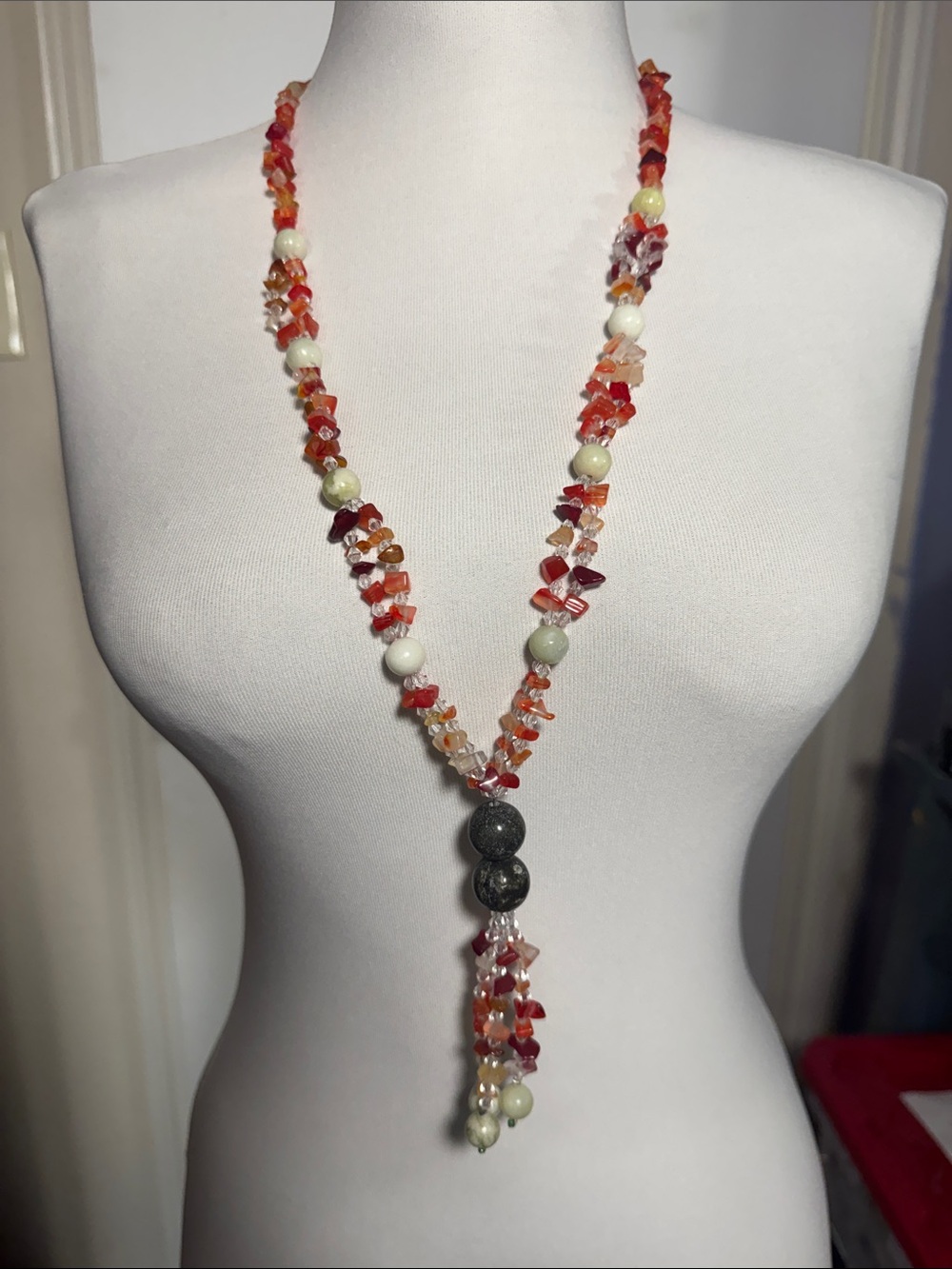 Handmade Red & Orange Beaded Tassel Necklace